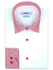XOOS Men's white dress shirt with red checkered collar (Double Twisted)