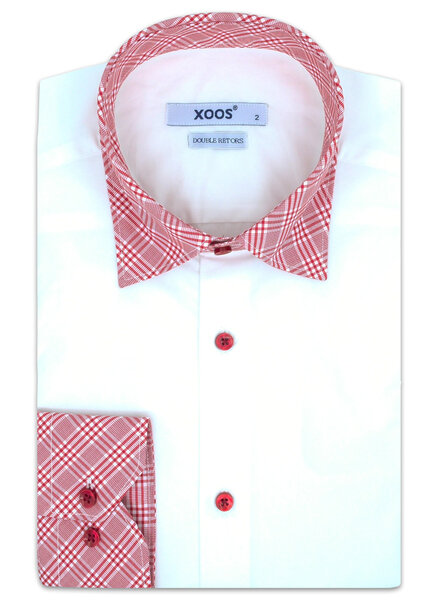XOOS Chemise homme blanche à col rouge à carreaux (Double Retors)