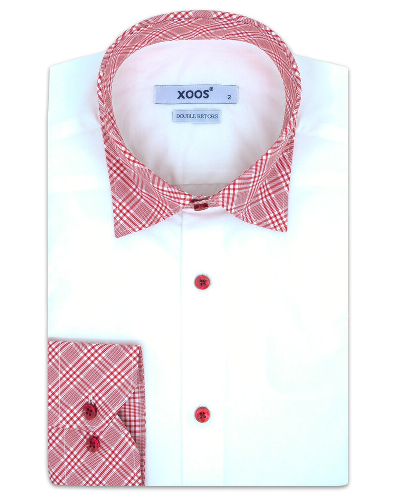 XOOS Chemise homme blanche à col rouge à carreaux (Double Retors)