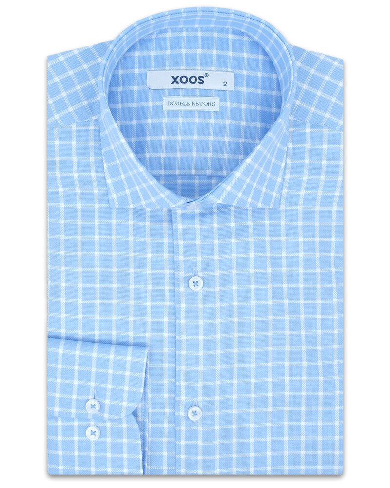 XOOS Chemise homme bleue à carreaux blancs (Double Retors)