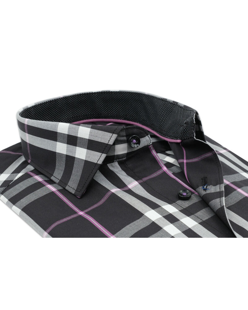 XOOS Chemise homme en tartan noir et mauve (Double Retors)
