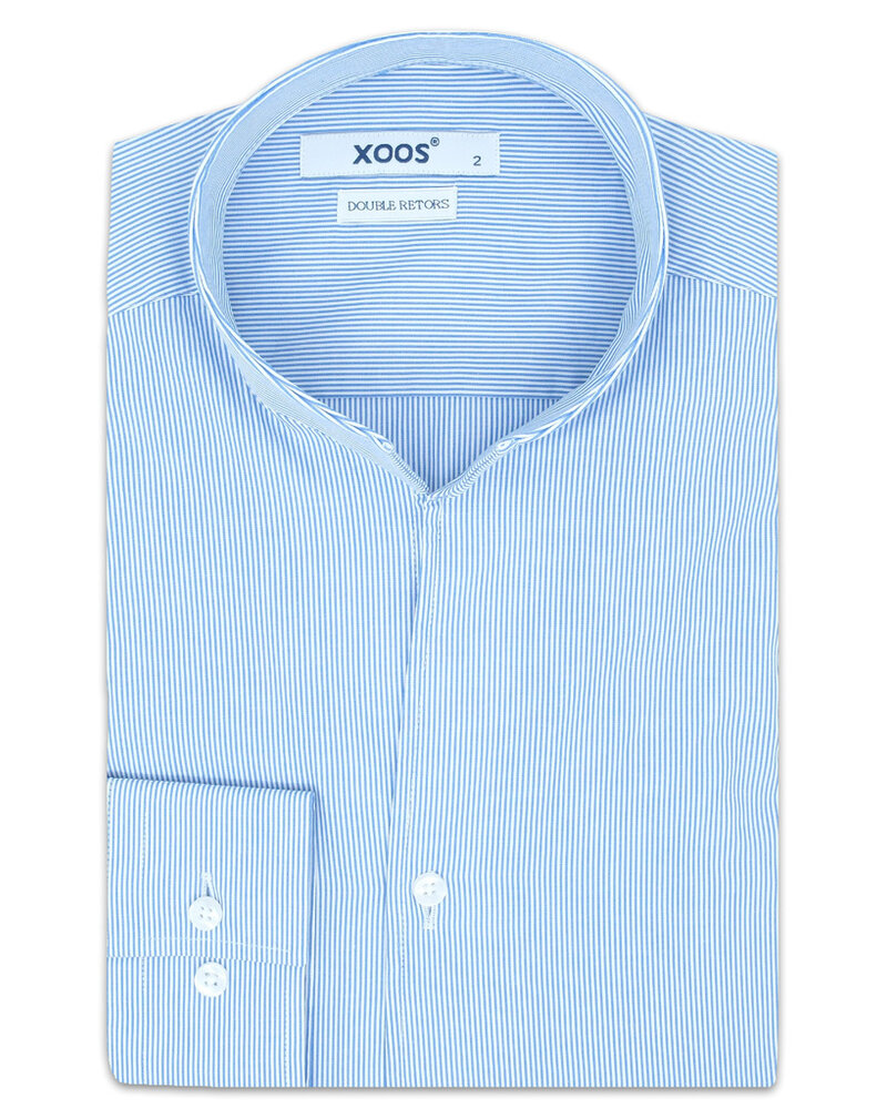 XOOS Men's light blue striped dress shirt with straight open collar (Double Twisted)