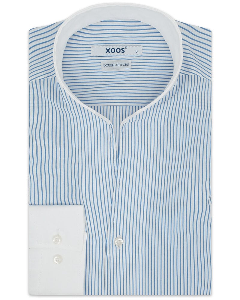 XOOS Chemise homme à rayure bleues et col blanc ouvert (Double Retors)