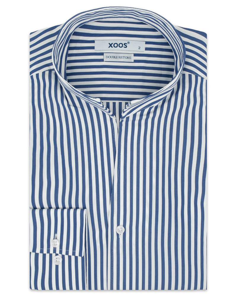 XOOS Men’s navy striped shirt with open straight collar (Double Twisted)