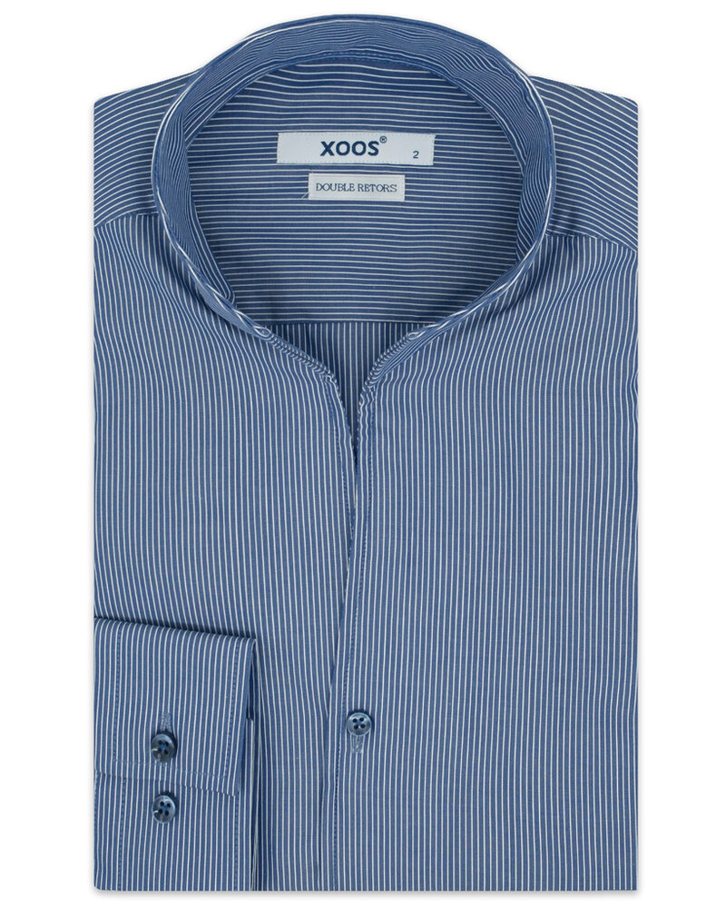 XOOS Chemise homme à marine à fines rayures et à col droit ouvert (Double Retors)