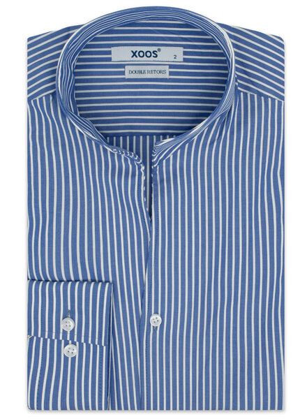 XOOS Chemise homme bleu fonce à rayures blanches et à col droit ouvert (Double Retors)