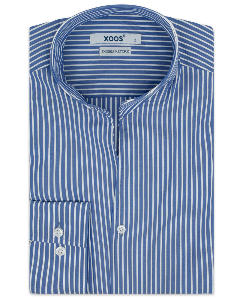 XOOS Men’s dark blue shirt with white stripes and open straight collar (Double Twisted)