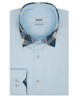 XOOS Men’s sky blue shirt with elbow patches, tartan lining and collar (Double Twisted)