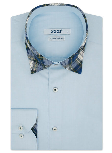 XOOS Men’s sky blue shirt with elbow patches, tartan lining and collar (Double Twisted)