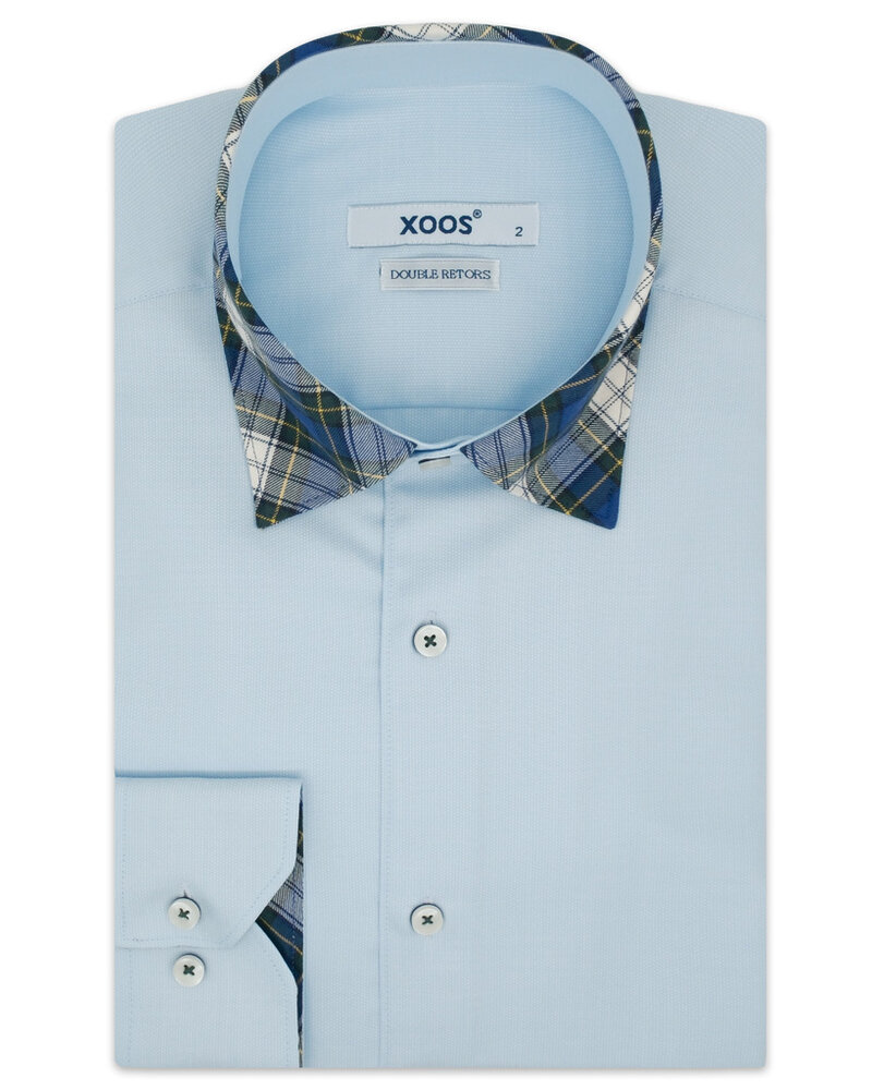 XOOS Chemise homme ciel à coudières doublure et col tartan (Double Retors)