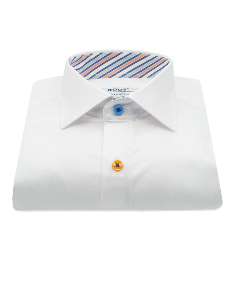 XOOS Chemise homme blanche à doublure bayadères et boutons assortis (Double Retors)