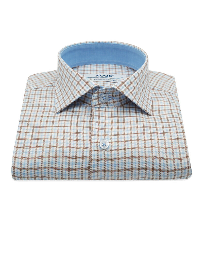 XOOS Chemise homme à carreaux tissés bleu pâle et caramel à doublure ciel (Double Retors)
