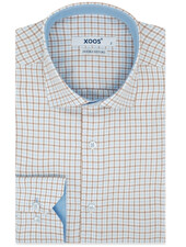 XOOS Chemise homme à carreaux tissés bleu pâle et caramel à doublure ciel (Double Retors)