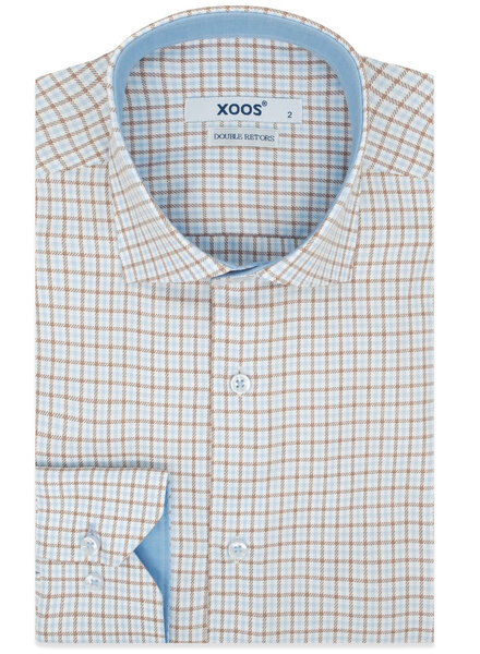 XOOS Chemise homme à carreaux tissés bleu pâle et caramel à doublure ciel (Double Retors)
