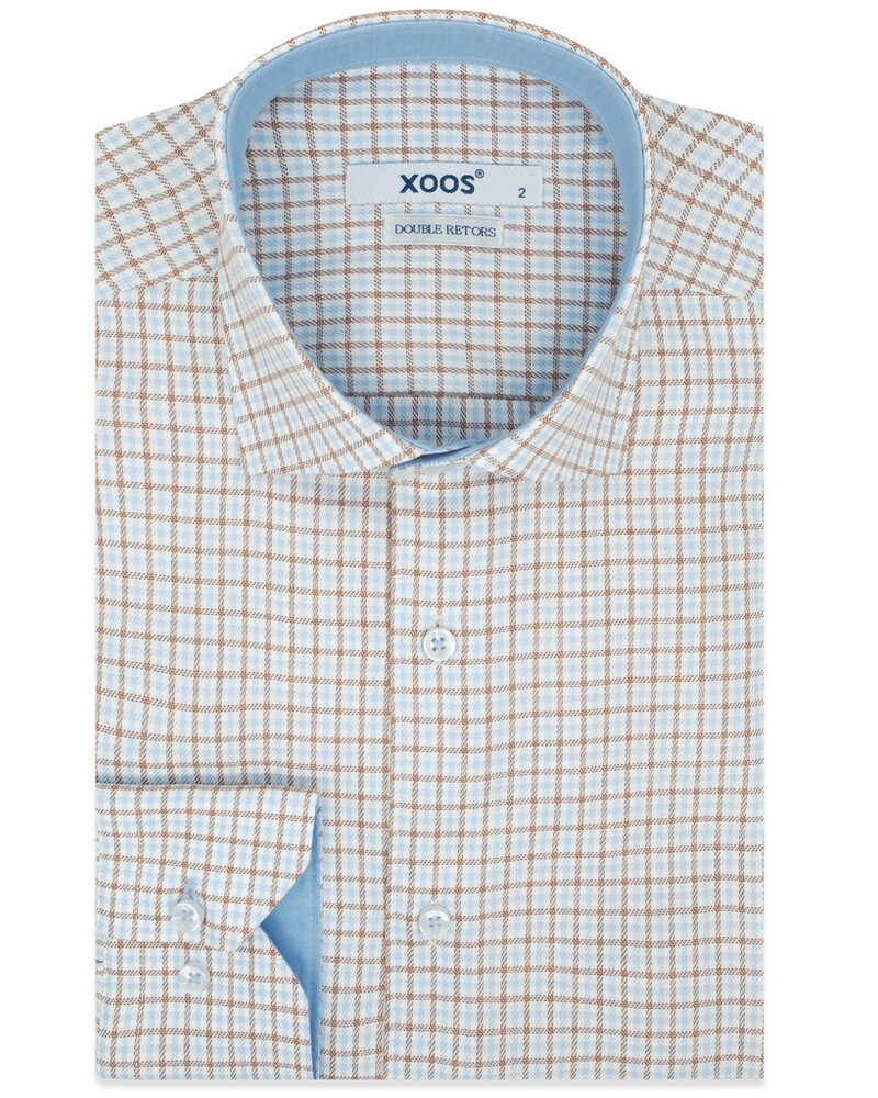 XOOS Chemise homme à carreaux tissés bleu pâle et caramel à doublure ciel (Double Retors)