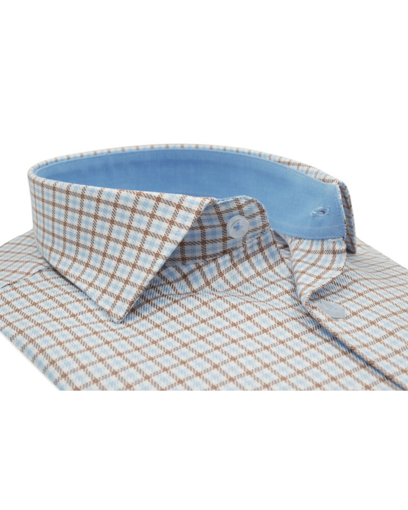 XOOS Chemise homme à carreaux tissés bleu pâle et caramel à doublure ciel (Double Retors)