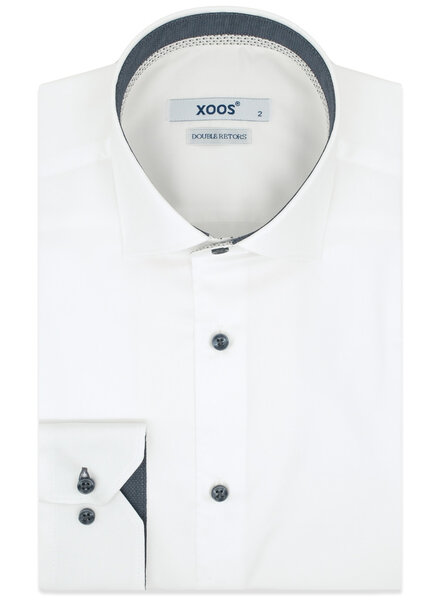XOOS Men’s White Shirt with Patterned Lining and Navy Micro Polka Dots (Double Twisted)