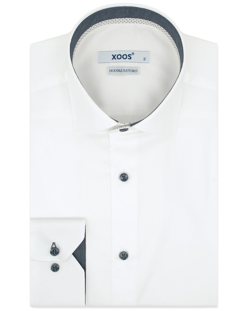 XOOS Men’s White Shirt with Patterned Lining and Navy Micro Polka Dots (Double Twisted)