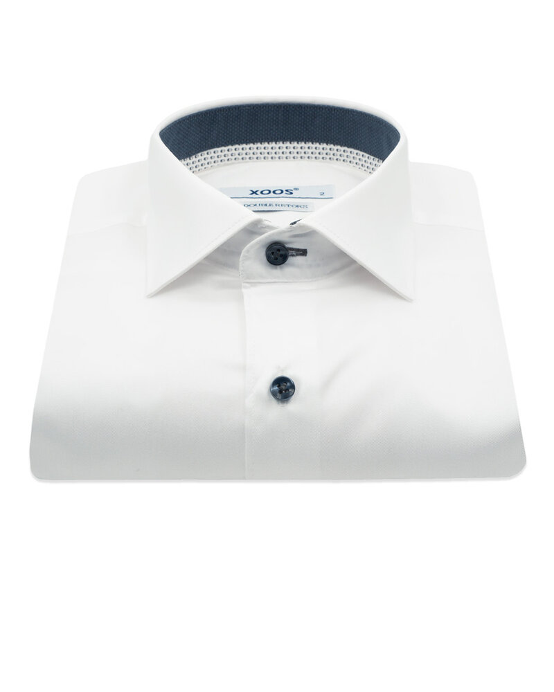 XOOS Men’s White Shirt with Patterned Lining and Navy Micro Polka Dots (Double Twisted)