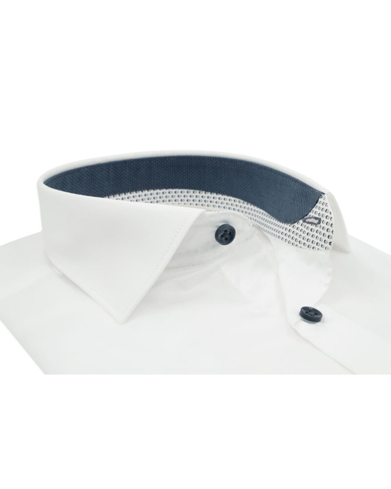 XOOS Men’s White Shirt with Patterned Lining and Navy Micro Polka Dots (Double Twisted)