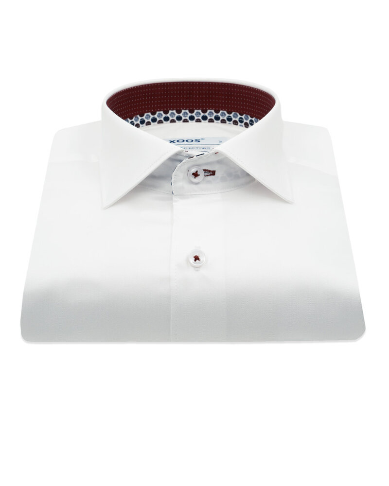 XOOS Men’s White Shirt with Patterned Lining and Burgundy Micro Polka Dots (Double Twisted)