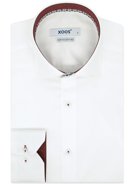 XOOS Men’s White Shirt with Patterned Lining and Burgundy Micro Polka Dots (Double Twisted)