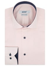 XOOS Men’s Pale Pink Shirt with Patterned Lining and Navy Micro Polka Dots (Double Twisted)