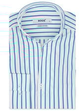 XOOS Chemise homme blanche à rayures bleues et col droit ouvert (Double Retors)