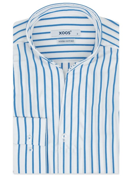 XOOS Chemise homme blanche à rayures bleues et col droit ouvert (Double Retors)