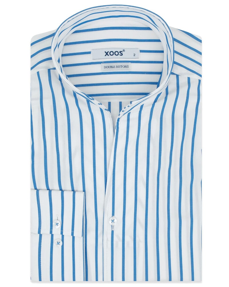 XOOS Chemise homme blanche à rayures bleues et col droit ouvert (Double Retors)
