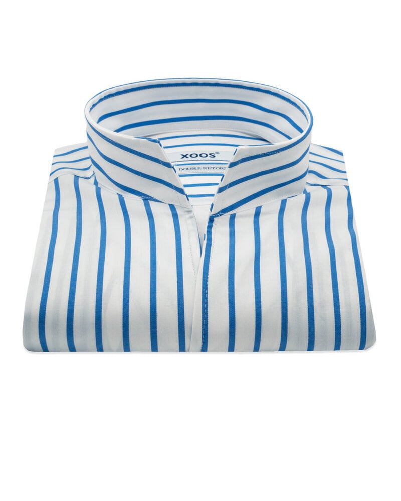 XOOS Chemise homme blanche à rayures bleues et col droit ouvert (Double Retors)