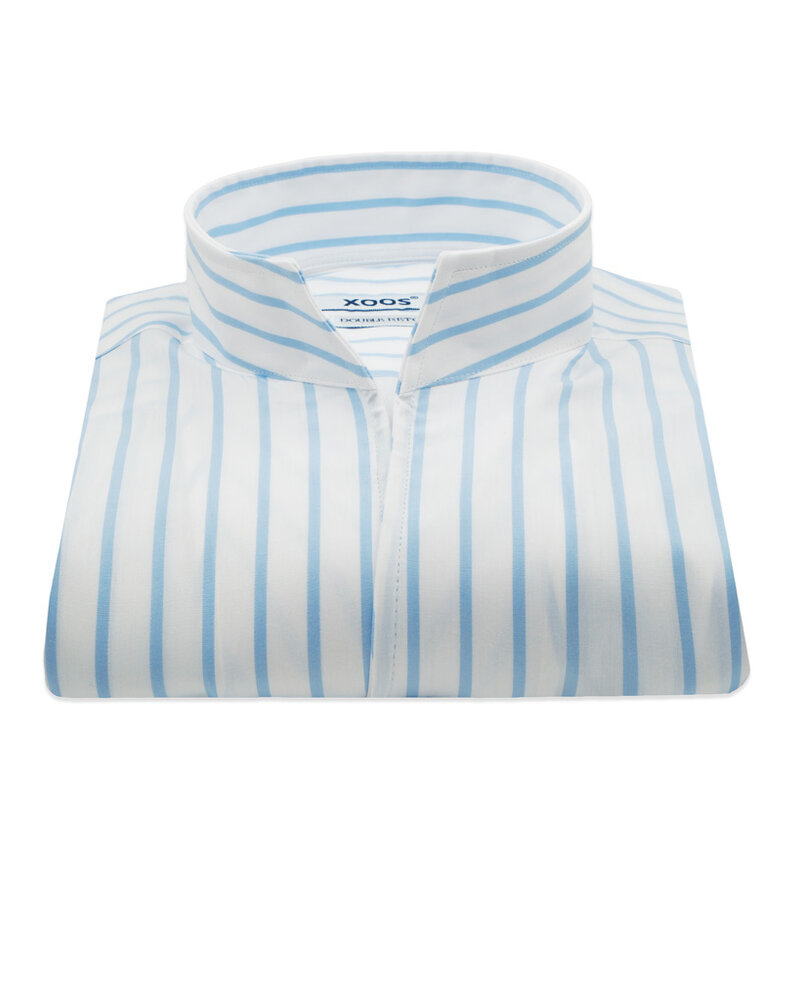 XOOS Men’s white shirt with sky blue stripes and straight open collar (Double Twisted)