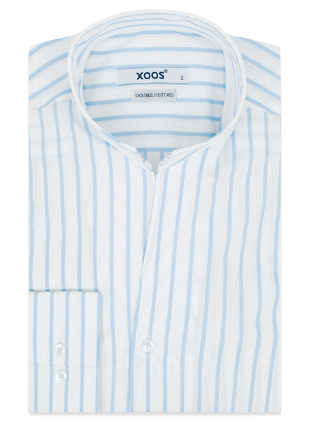 XOOS Men’s white shirt with sky blue stripes and straight open collar (Double Twisted)