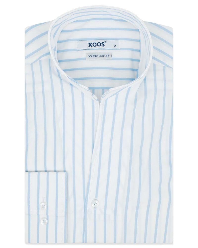 XOOS Chemise homme blanche à rayures ciel et col droit ouvert (Double Retors)