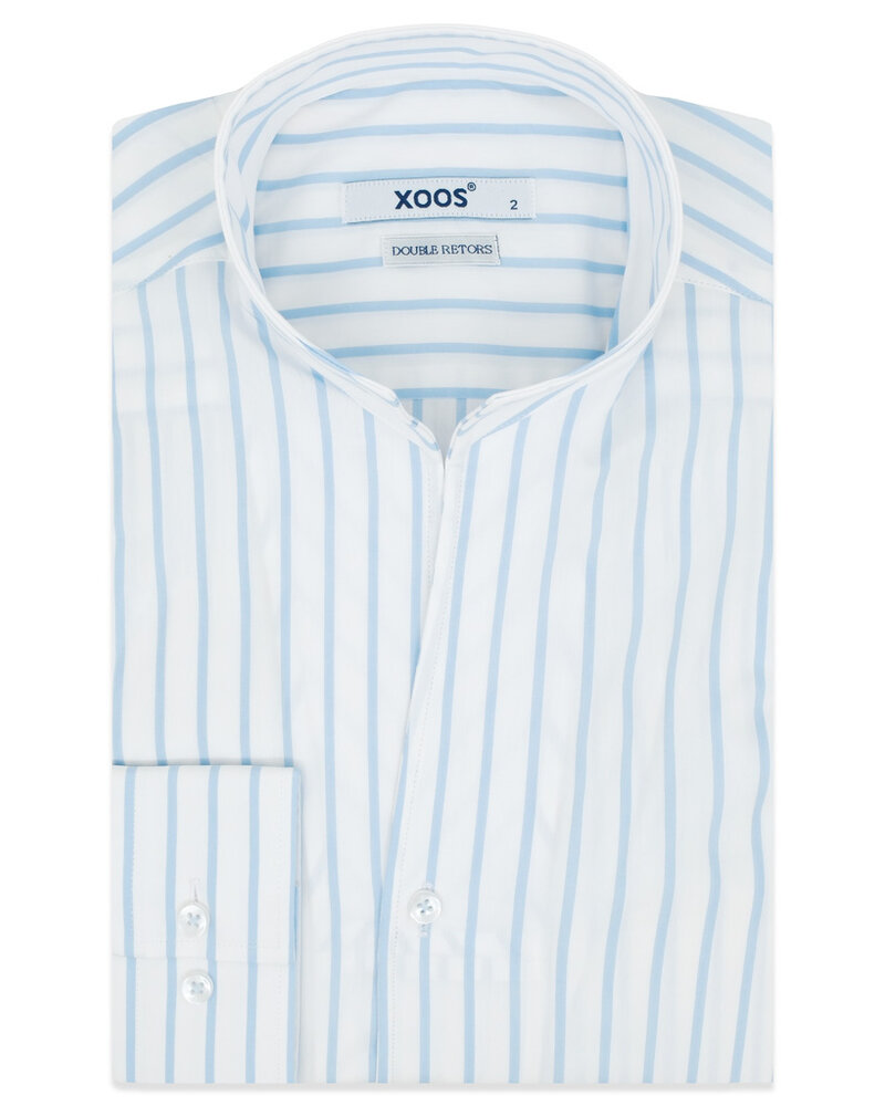 XOOS Men’s white shirt with sky blue stripes and straight open collar (Double Twisted)