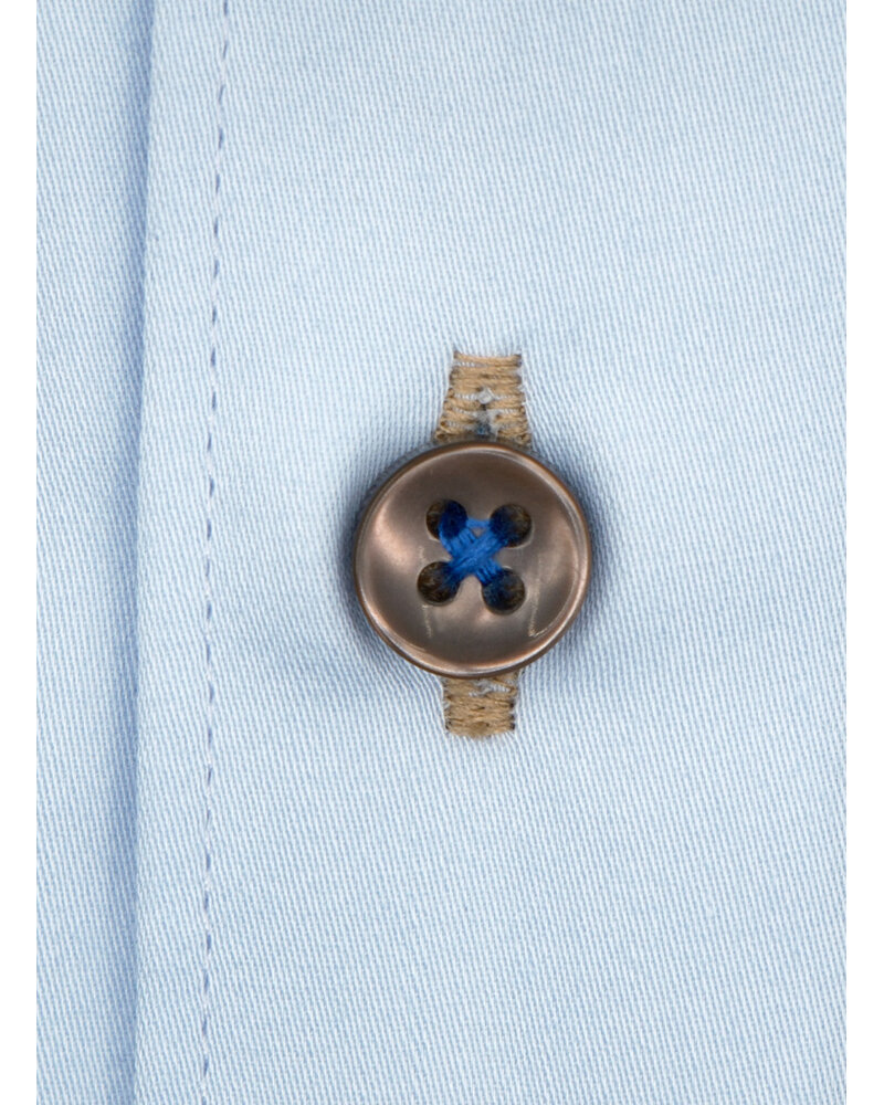 XOOS Men’s sky blue shirt with double chest buttons, mustard lining and print