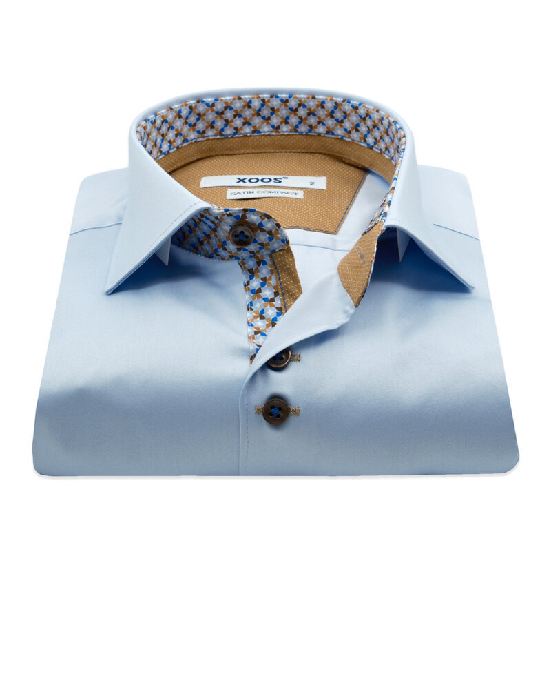 XOOS Men’s sky blue shirt with double chest buttons, mustard lining and print