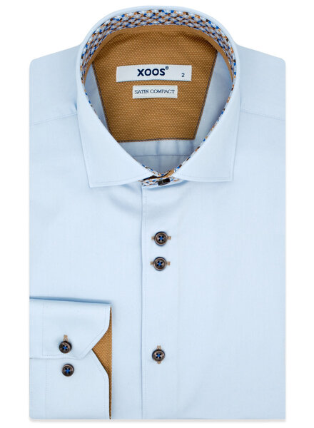 XOOS Men’s sky blue shirt with double chest buttons, mustard lining and print