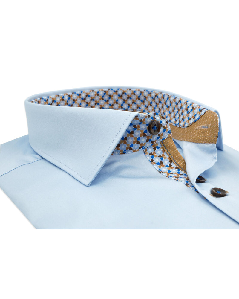 XOOS Men’s sky blue shirt with double chest buttons, mustard lining and print