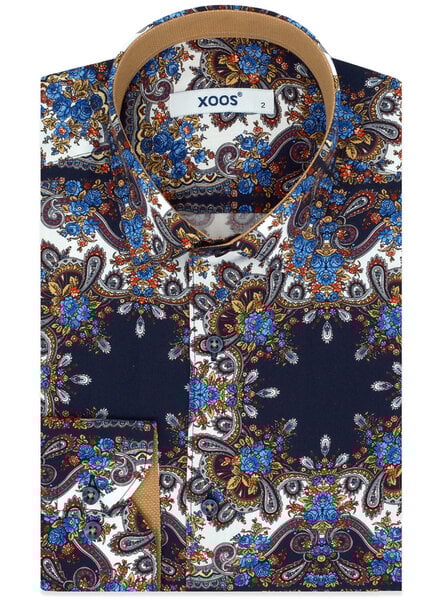 XOOS Chemise homme à imprimé bohème moutarde et marine