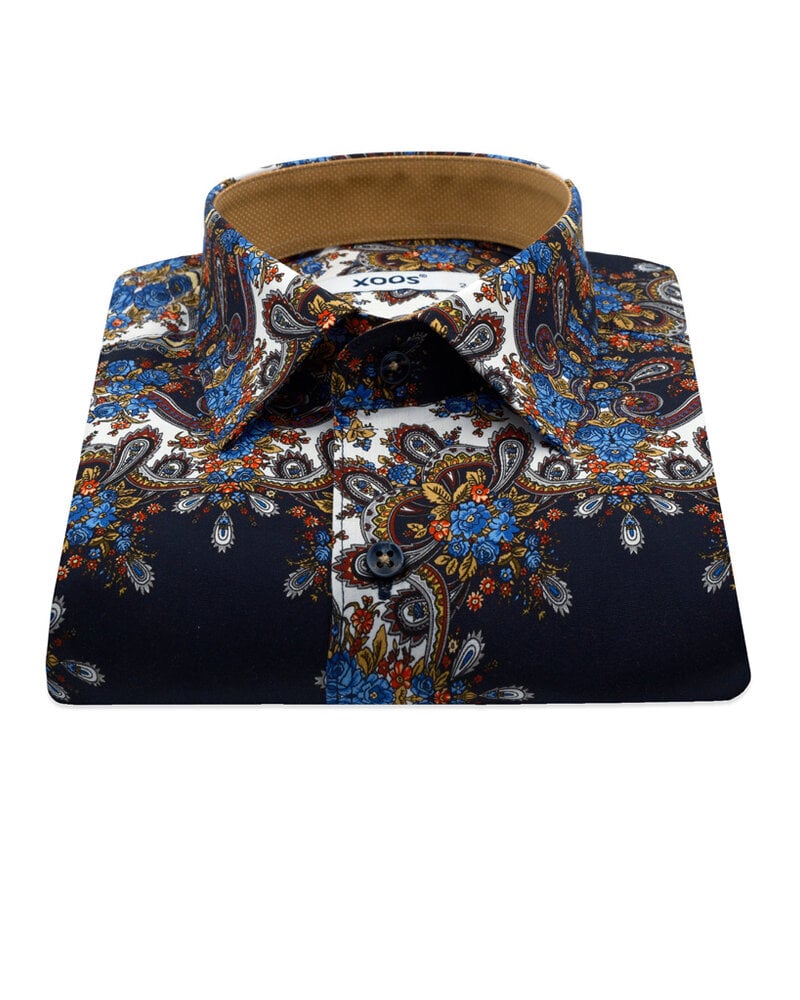 XOOS Chemise homme à imprimé bohème moutarde et marine