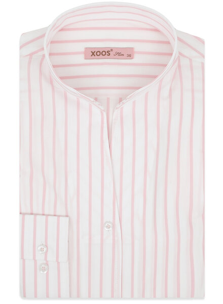 XOOS Chemisier femme blanc à rayures roses et col droit ouvert