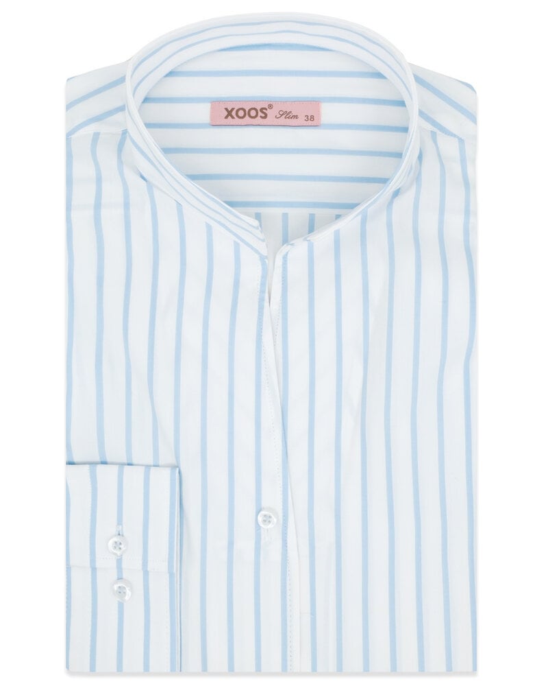 XOOS Women’s white blouse with sky blue stripes and straight open collar