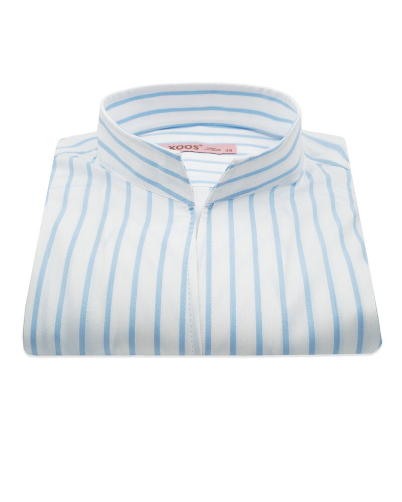XOOS Women’s white blouse with sky blue stripes and straight open collar