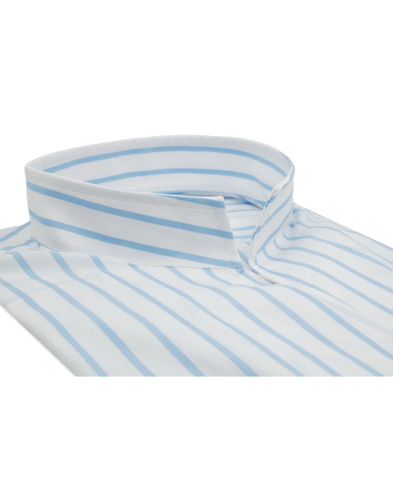 XOOS Women’s white blouse with sky blue stripes and straight open collar