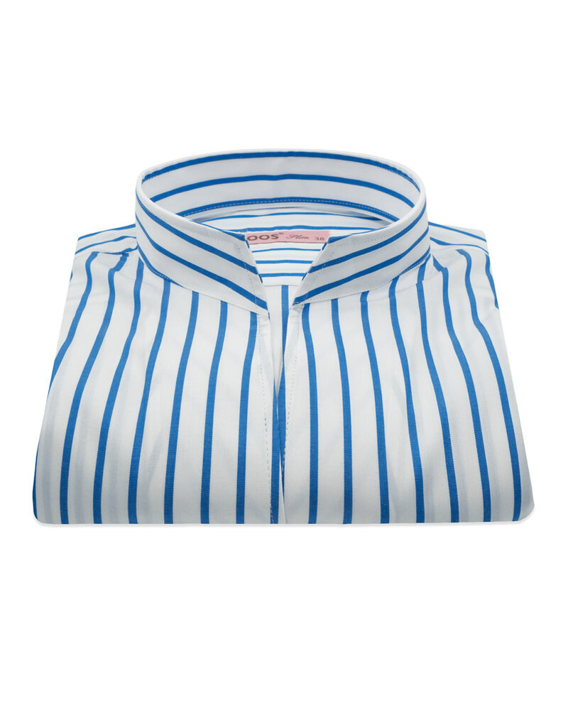 XOOS Women’s white blouse with blue stripes and straight open collar