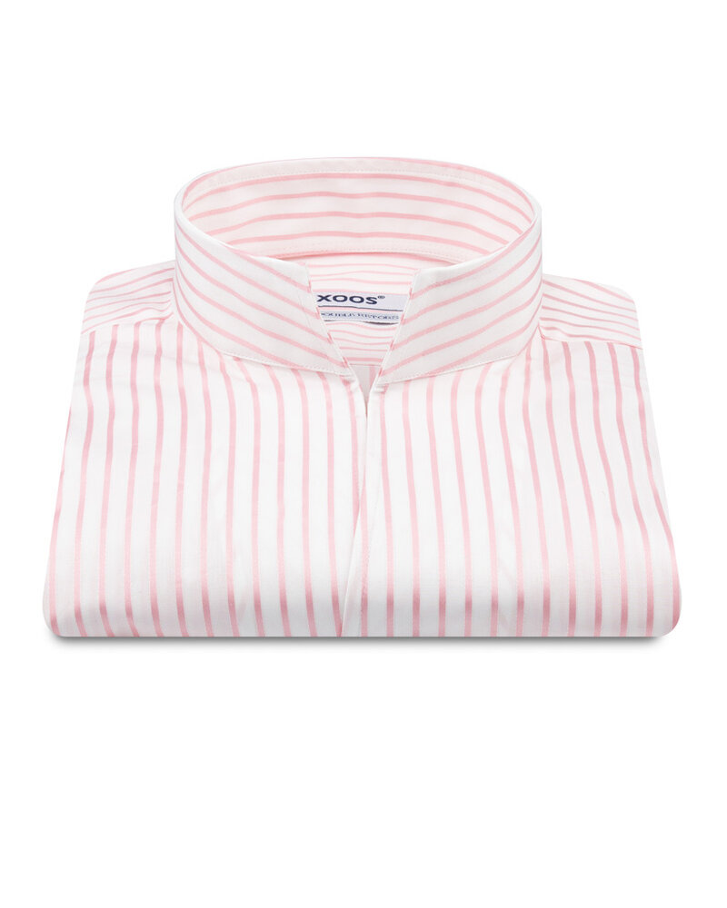 XOOS Men's white shirt with pink stripes and Straight Open Collar (Double Twisted)