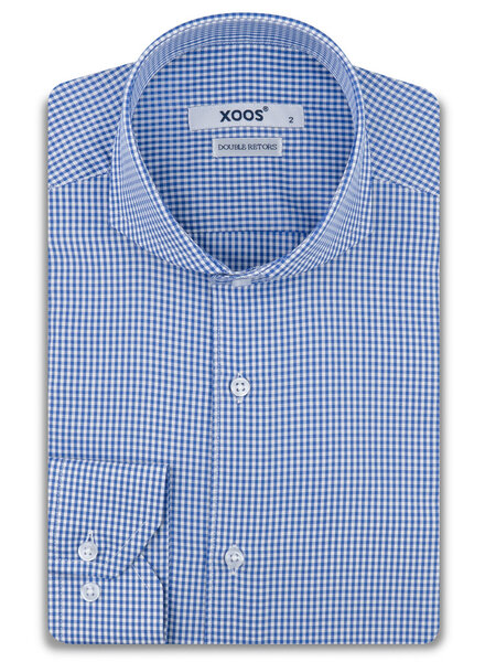 XOOS Chemise homme à carreaux vichy bleus et col Full Spread (Double Retors)