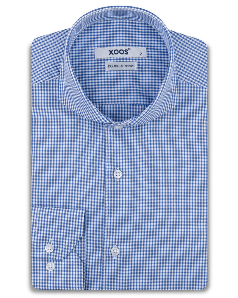 XOOS Chemise homme à carreaux vichy bleus et col Full Spread (Double Retors)