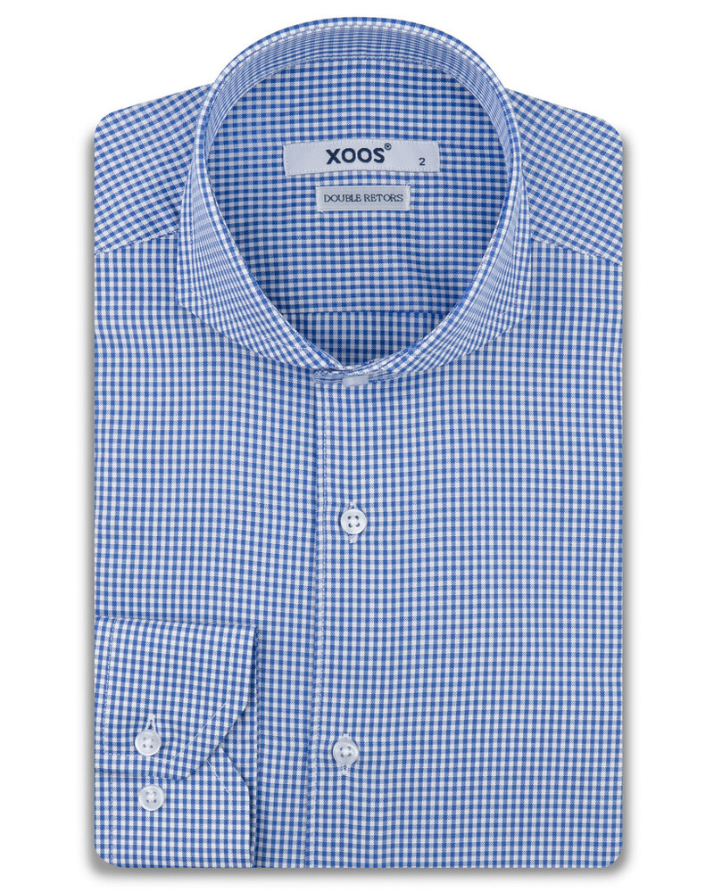 XOOS Men's blue gingham check shirt with full spread collar (Double Twisted)
